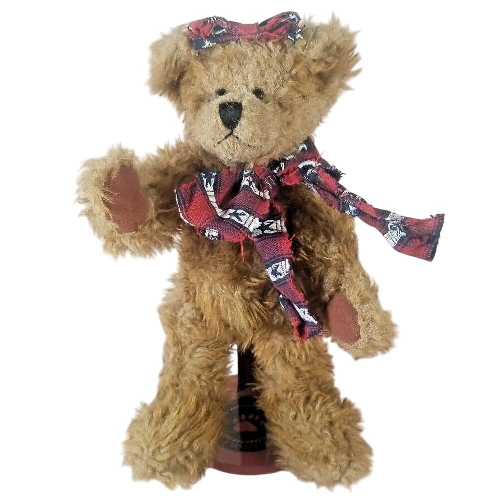 Plush Patriotic Bear 10" Fully Jointed Brown Bear Red Blue White Star Scarf, Bow
